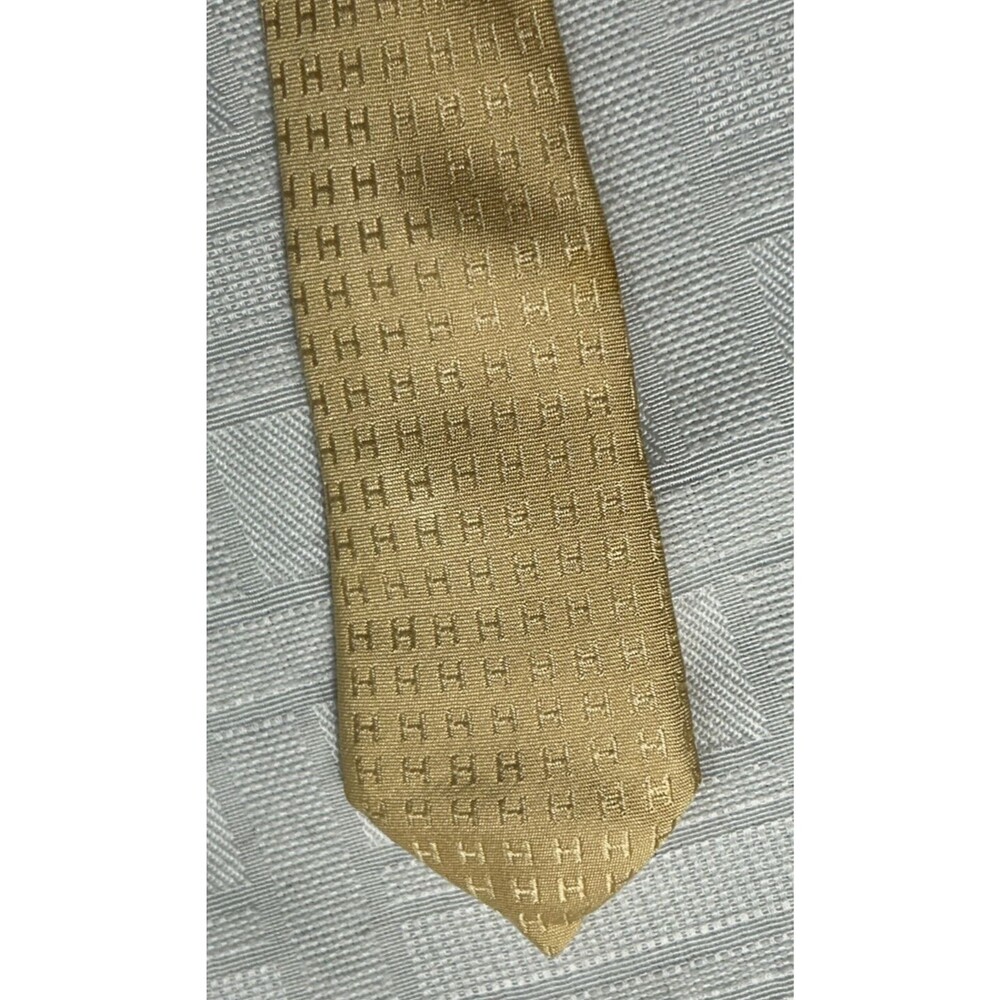HERMES Men Neck Tie Gold Beige Yellow Initial H All Over Print 100% Silk Vtg. - Picture 9 of 16